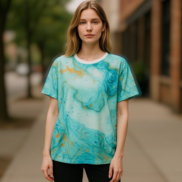 2 for/ $25 Pixie Lady Tee Shirt Blouse Silk Screen Water Graphic Size Large - Picture 3 of 11